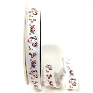 Ruban Gros Grain Licorne Arc en Ciel 16mm - Vendu au Mètre  / Ruban Fantaisie / Ruban Imprimé Fleur / Ruban Gros grain