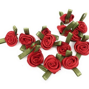 Mini Petites Roses avec Feuilles en Ruban Satin 12mm / Choix de Couleur / Fleurs satin Petites Roses Tissu Décoration Mariage Rouge