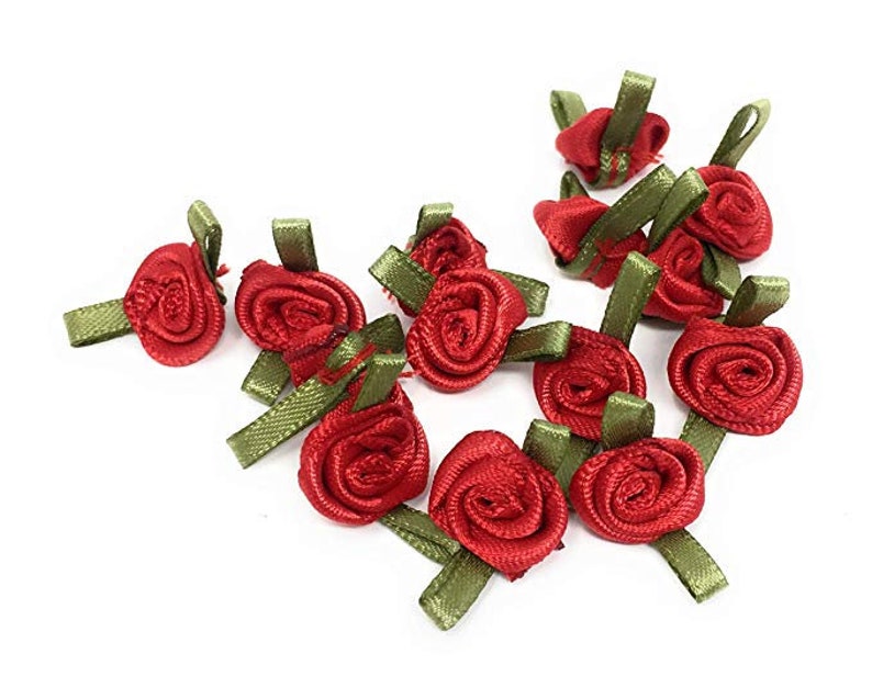 Mini Petites Roses avec Feuilles en Ruban Satin 12mm / Choix de Couleur / Fleurs satin Petites Roses Tissu Décoration Mariage Rouge