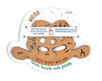 May include: Wooden knitting needle gauge with holes for different sizes, labeled in millimeters. The gauge is shaped like a horse's head and has the text "Create beauty with PONY" on the bottom.