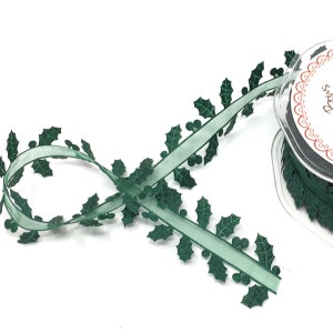 Nastro natalizio con bordo in foglia di agrifoglio verde - Venduto al metro per decorazioni, merceria, cucito, album e scrapbooking