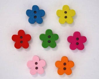 Boutons en Bois / Bouton Fantaisie  Fleur en Bois Multicolore 11mm - Lot de 10 / Scrapbooking