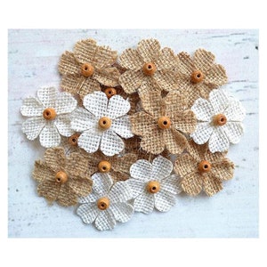 Handcrafted Burlap Flowers with Pearl 3.5 CM Set of 18 / DIY Scrapbooking Craft Supply Wedding Decoration