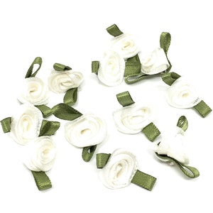 Mini Petites Roses avec Feuilles en Ruban Satin 12mm / Choix de Couleur / Fleurs satin Petites Roses Tissu Décoration Mariage Ivoire