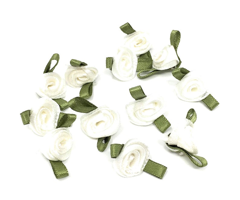 Mini Petites Roses avec Feuilles en Ruban Satin 12mm / Choix de Couleur / Fleurs satin Petites Roses Tissu Décoration Mariage Ivoire