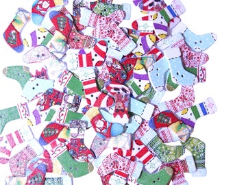Bouton de Noël en Bois - Forme Chaussettes de Noel Imprimé - Thème Noël / Lot de 10 Bouton Fantaisie Pour Scrapbooking et Décoration