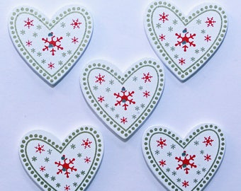 Bouton de Noël en Bois Coeur avec Motif de Flocon 33mm /  Lot de 10 Bouton Fantaisie Pour Scrapbooking et Décoration Customisation Noel