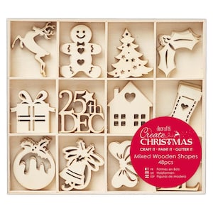 May include: A wooden box containing 48 unfinished wooden Christmas shapes. The shapes include a reindeer, gingerbread man, Christmas tree, holly, present, 25th Dec, house, stocking, pudding, bell, bow, and a sleigh. The box is labelled "docrafts Create Christmas Craft It - Paint It - Glitter It Mixed Wooden Shapes 48pcs".