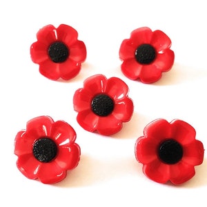 Bottone con gambo decorato a forma di fiore di papavero, 18 mm, 21 mm, rosso e nero, confezione da 10 / Bottoni da cucito con chiusura posteriore / Decorazione per scrapbooking
