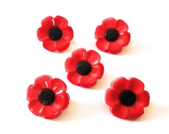 Fancy Poppy Flower Button with Tail 18mm 21mm Red and Black - Set of 10 / Sewing Buttons Back Attachment / Scrapbooking Decoration