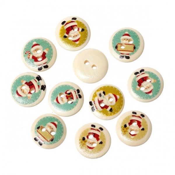 Bouton de Noël en Bois - Motif Père Noël 15mm - Lot de 25 / Bouton Fantaisie Noel Pour Scrapbooking et Décoration Customisation