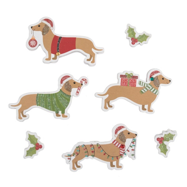 Embellissement Autocollant 3D Noël - Teckel / Chien et Houx x7 / Scrapbooking Carterie Décoration Loisir Créatif