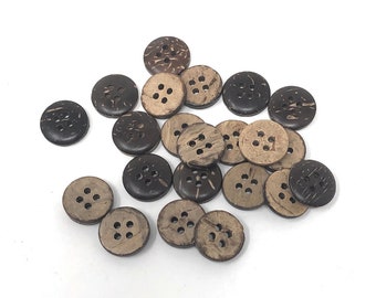 Boutons en Coquille de Noix de Coco 12MM 4 Trous Marron  - Lot de 25 / Boutons pour Couture, Tricot, Artisanat