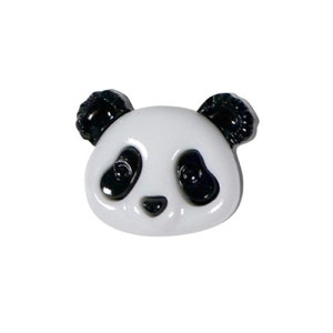 May include: A white panda bear button with black ears and eyes. The button is a cute and whimsical design.