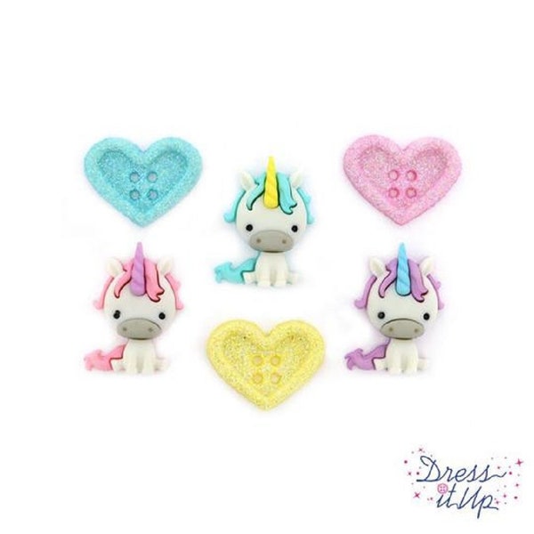 Boutons Dress It Up Unicorn Love / Amour de Licorne / Boutons Fantaisie Décoration Mercerie Couture Album Scrapbooking Décoration Gâteaux