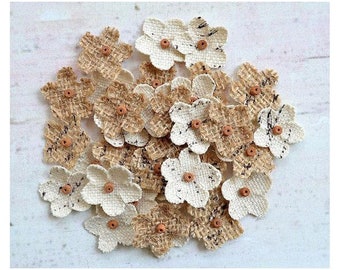 Fleurs en Toile de Jute Artisanal avec Perle 2 CM Lot de 40  / Fourniture Scrapbooking Bricolage Artisanat Décoration Mariage