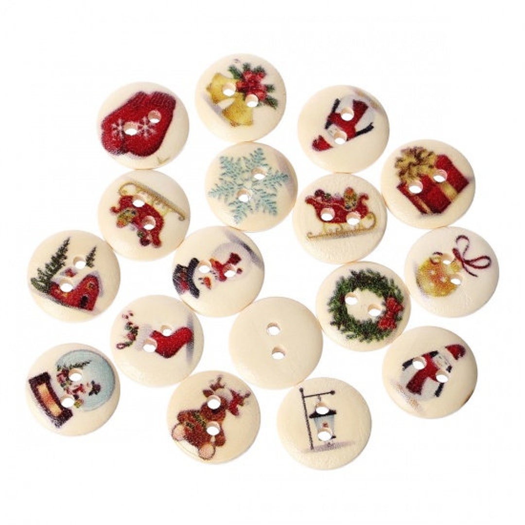 Boutons En Bois De Noël - Assortiment De 25 Boutons Plats 2 Trous, Diamètre 15mm - Lot Pour Créations