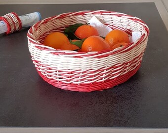 Round basket - bread pan - fruit basket - in ecru and red rattan - handmade