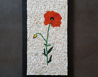 Tableau coquelicot mosaique - verre artisanal Albertini® et pierre naturelle travertin sur support bois