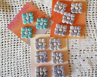 Lot de boutons à coudre décoratif en forme de fleurs carrées bleues céramique faïence