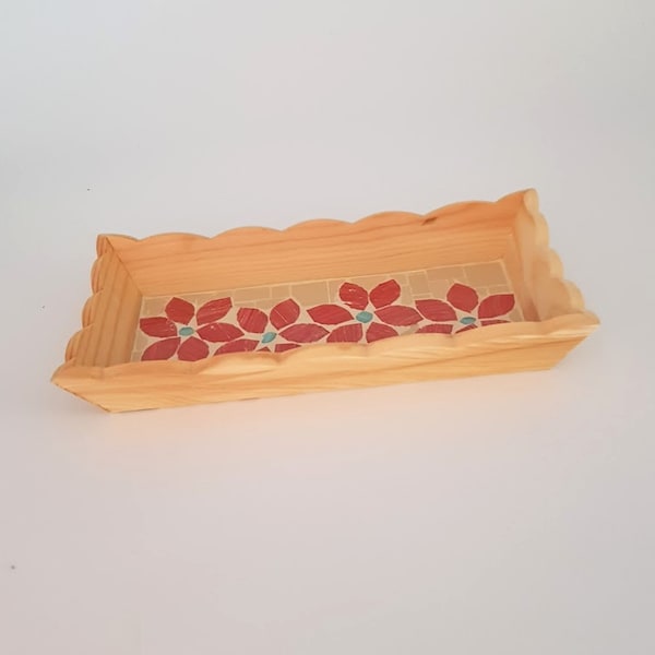 Vide poche - petit plateau rectangle - fleurs rouge orangé - mosaique de pâte de verre et gré cérame sur support bois - fait main