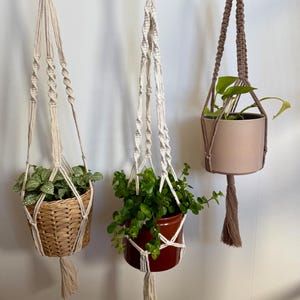 Peut inclure: Trois suspensions macramé pour plantes avec des pots de différentes couleurs et des plantes. L'une a un panier en osier, une autre un pot rouge et la troisième un pot marron clair. Chaque suspension a une gland en bas.
