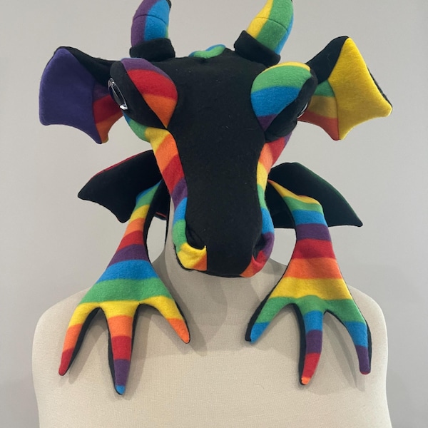 Handmade 5 foot Black & Rainbow Dragon Plush Scarf with a Pocket