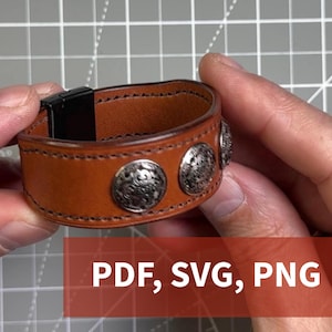 May include: A brown leather cuff bracelet with three silver-colored decorative studs. The bracelet has a black magnetic clasp. The text "PDF, SVG, PNG" is displayed on a red background.
