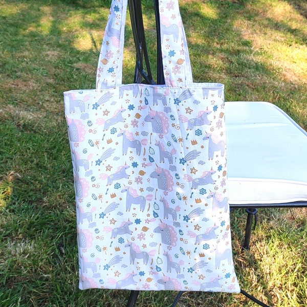 Tote bag enfant , sac de bibliothèque ,  en coton et doublé , motif licorne