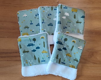 Lot de 5 gants de toilette d'apprentissage pour enfant , débarbouillettes , motif voiture