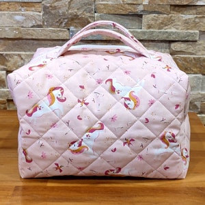 Quilted toiletry bag, vanity case style, unicorn horse pattern image 1