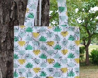 Tote bag enfant , sac de bibliothèque , en coton et doublé , motif animaux de la jungle