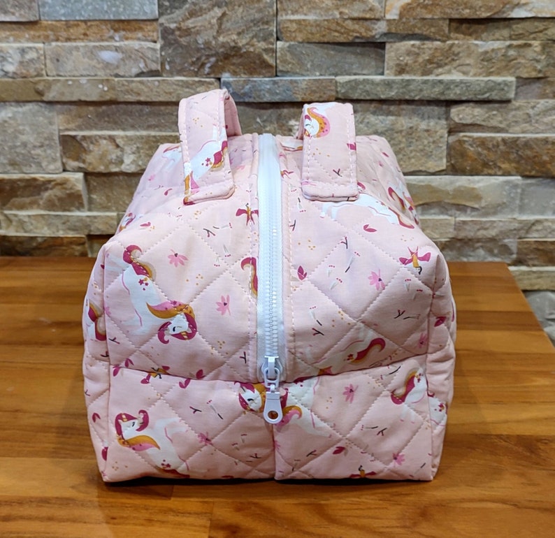 Quilted toiletry bag, vanity case style, unicorn horse pattern image 2