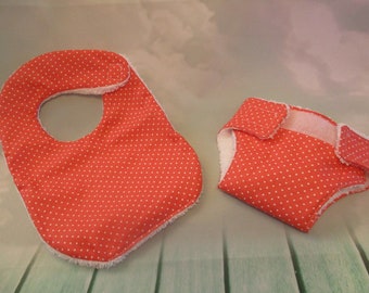 Diaper, bib for doll in coral cotton with small polka dots