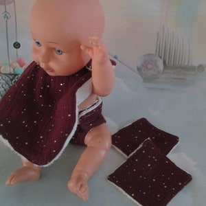 Diaper, bib and wipes for doll in garnet and gold double gauze