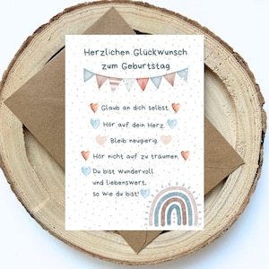 Glückwunschkarte zum Geburtstag für Kinder mit Regenbogen im Boho-Stil • Geschenk für Kinder mit Ermutigungen • Geburtstagskarte Format A6
