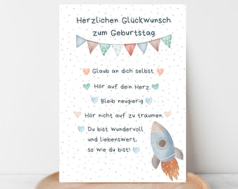 Geburtstagskarte mit Ermutigungen • Glückwunschkarte zum Geburtstag im Format A6 • Grußkarte zum Geburtstag für Kinder mit Rakete