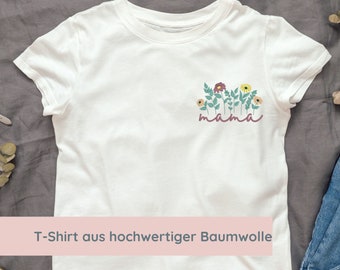 Personalisiertes T-Shirt für Mama mit Wildblumen bestickt • Mama T-Shirt mit Kindernamen • Geschenk zum Muttertag oder zur Geburt