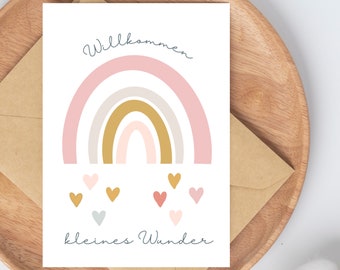 Glückwunschkarte zur Geburt "Willkommen kleines Wunder" mit Regenbogen • Grußkarte fürs Baby • Postkarte für Mädchen im Format A6