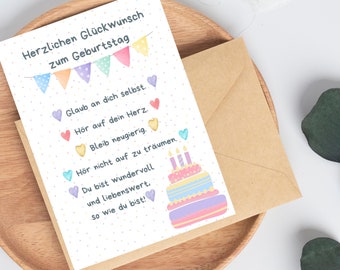 Glückwunschkarte zum Geburtstag mit guten Wünschen und Geburtstagstorte  • Geburtstagskarte pastell Format A6 • Grußkarte zum Geburtstag