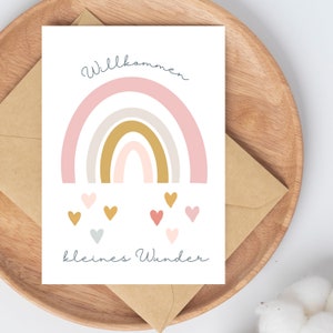 Glückwunschkarte zur Geburt "Willkommen kleines Wunder" mit Regenbogen • Grußkarte fürs Baby • Postkarte für Mädchen im Format A6
