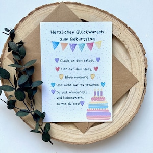 Glückwunschkarte zum Geburtstag mit guten Wünschen und Geburtstagstorte  • Geburtstagskarte pastell Format A6 • Grußkarte zum Geburtstag