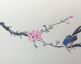 Carte postale Aquarelle peinte main oiseau Japon