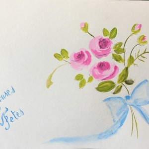 Aquarelle peinte main sur carte postale    fleurs -roses- ruban