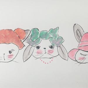 Carte postale aquarelle peinte main lapins humanisés enfants