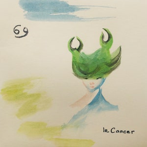 carte postale aquarelle peinte main signe astrologique Cancer  design