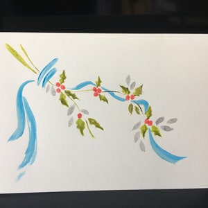 Aquarelle peinte main sur carte postale - houx et ruban -