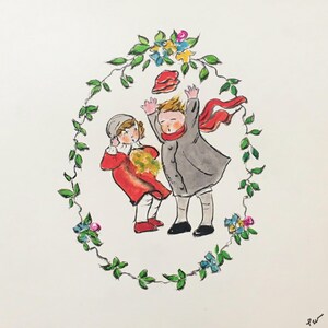 Carte aquarelle peinte main enfants vintage
