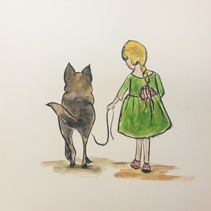 Carte postale aquarelle peinte main fillette chien