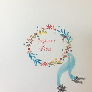 Carte postale aquarelle peinte main couronne  Noël